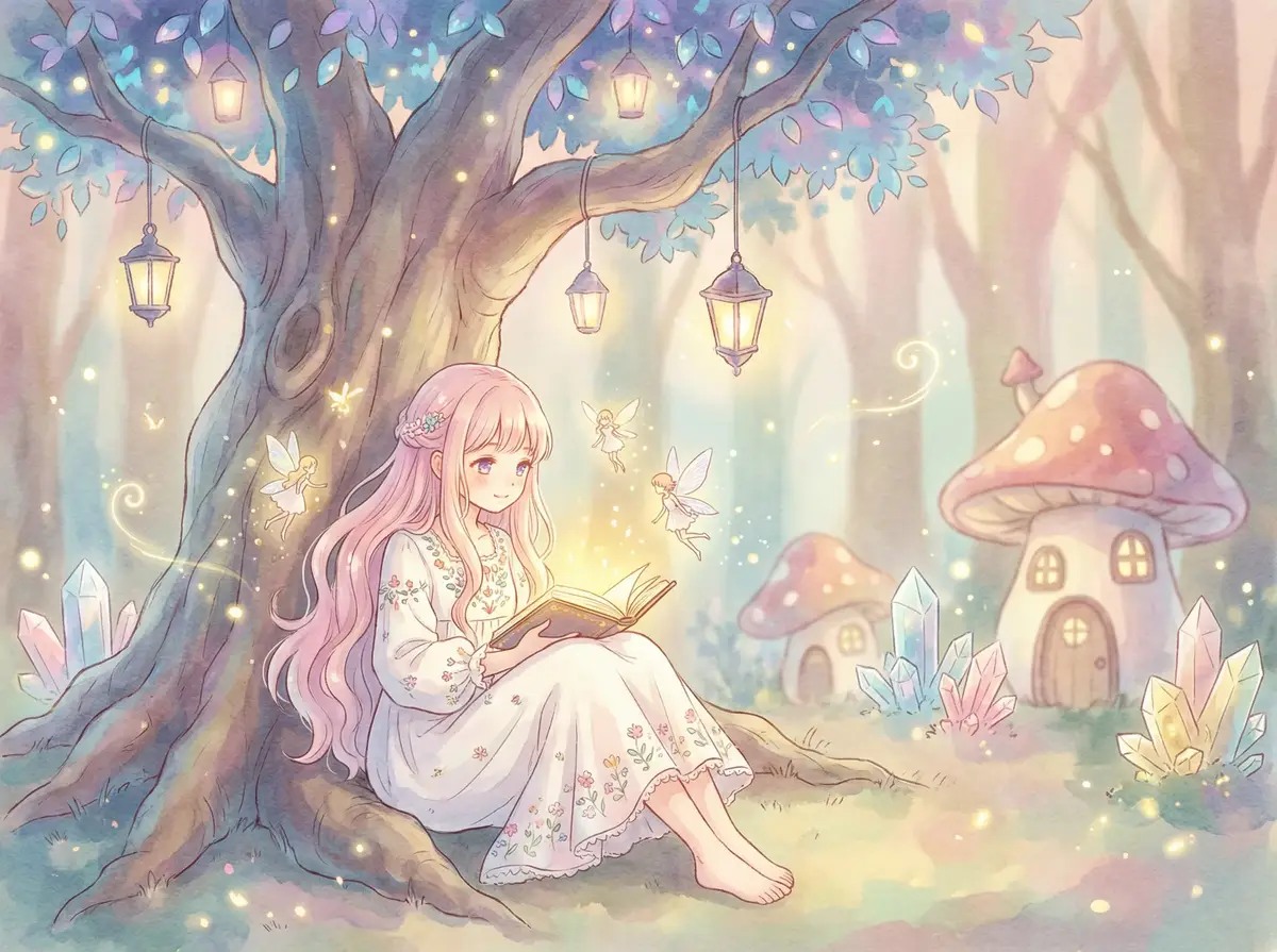 最新番号 - 魔法森林中阅读故事书的粉发少女与精灵